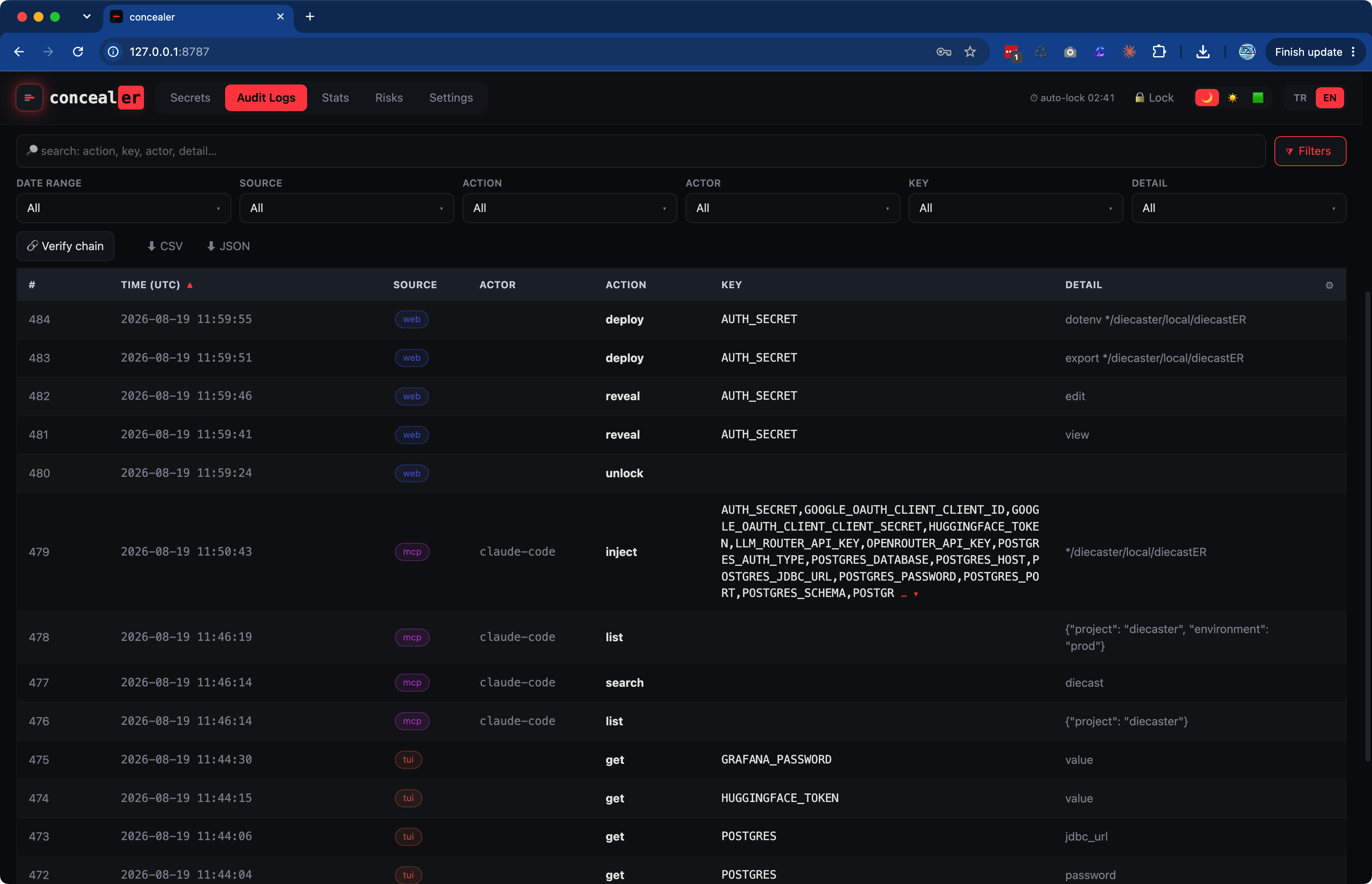 Audit log viewer with chain verification