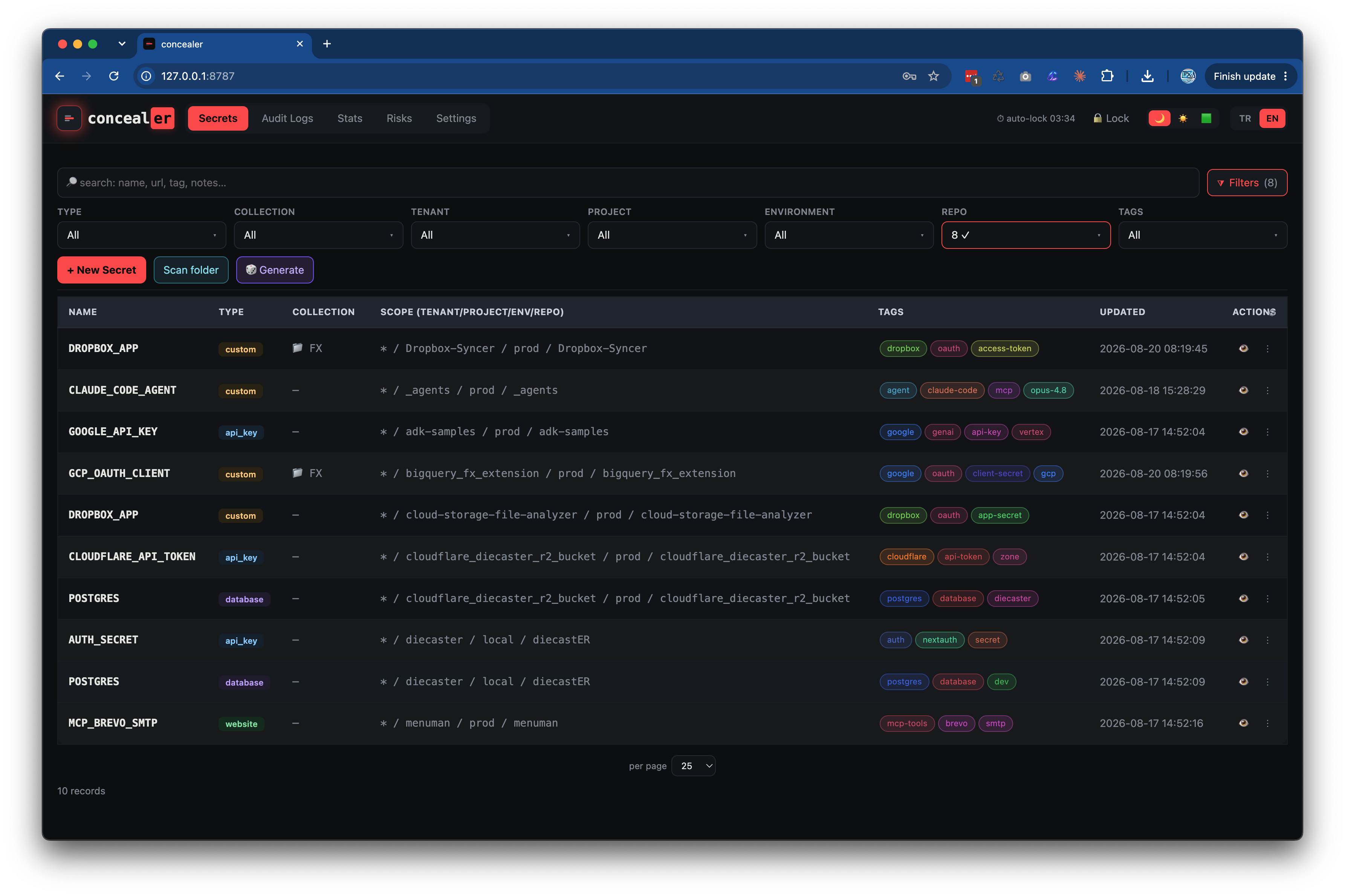 concealer Web UI — searchable, scoped secrets