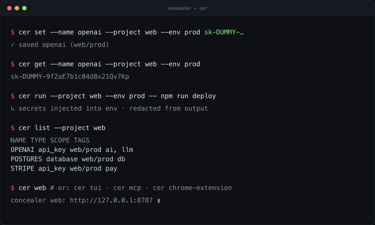concealer CLI — set, get, run and list secrets