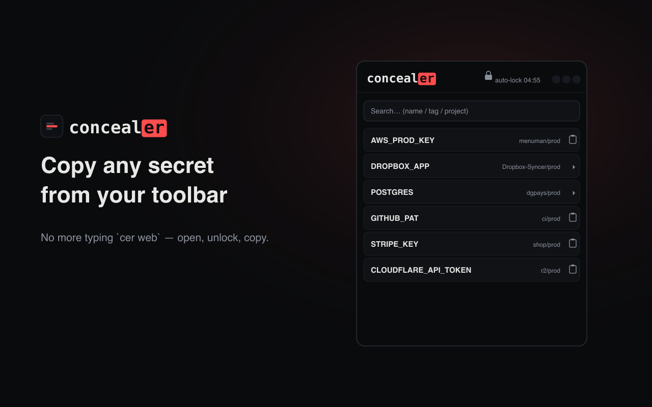 concealer Chrome extension — copy secrets from the toolbar