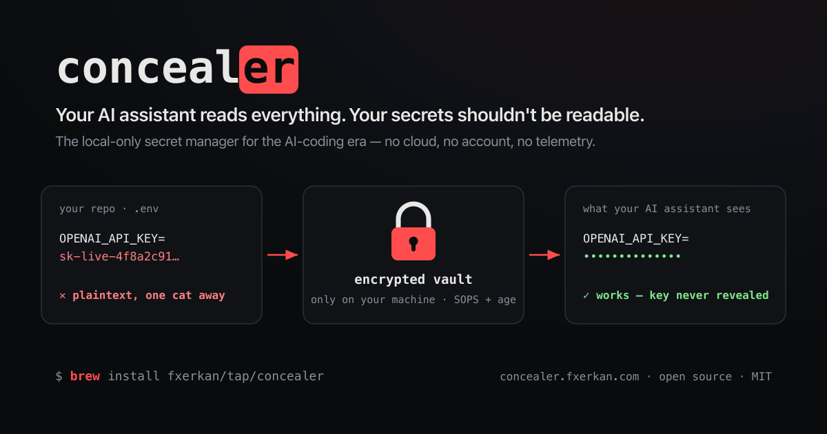 concealer — your secrets stay encrypted on your machine; your assistant only ever sees the masked version