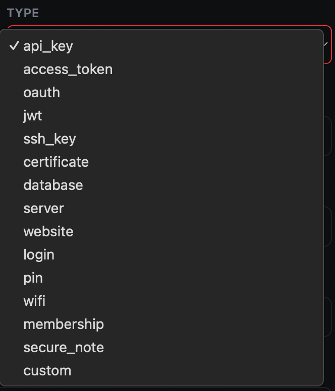 The secret type picker — one form per credential shape
