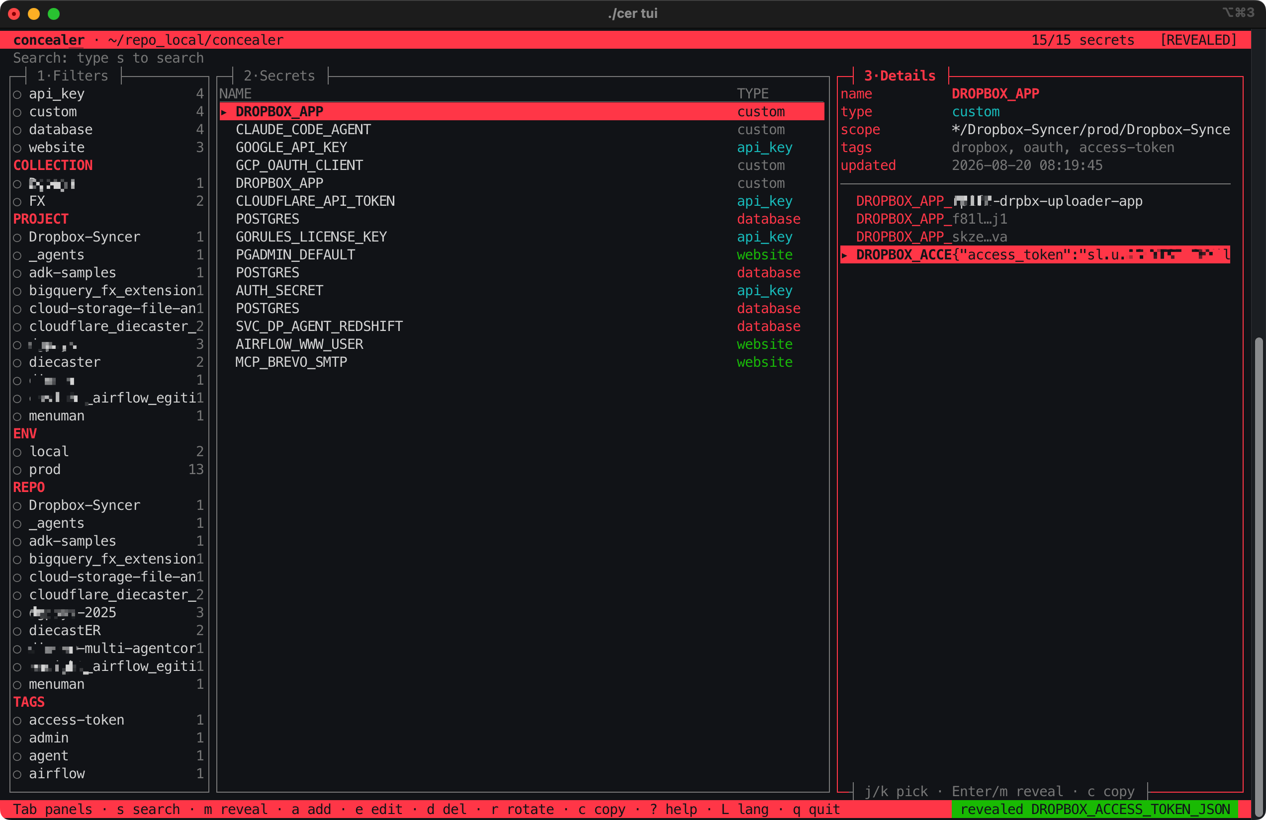 concealer TUI — terminal secret browser